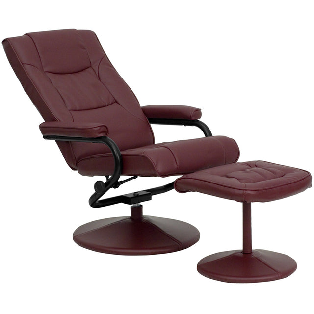 Contemporary Burgundy Leather Recliner and Ottoman with Leather Wrapped Base
