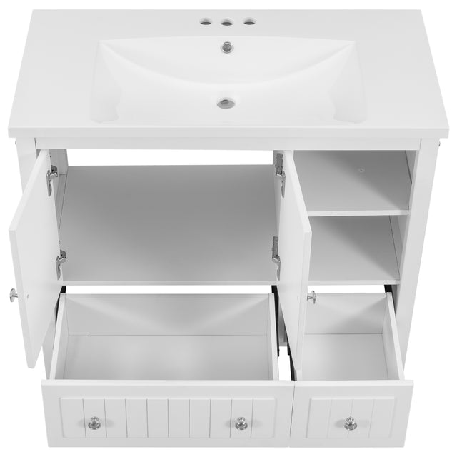 [VIDEO] 36" Bathroom Vanity with Ceramic Basin, Bathroom Storage Cabinet with Two Doors and Drawers, Solid Frame, Metal Handles, White