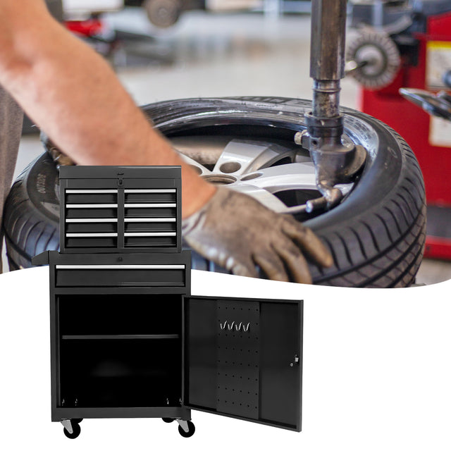 Detachable 5 Drawer Tool Chest with Bottom Cabinet and one Adjustable Shelf--Black