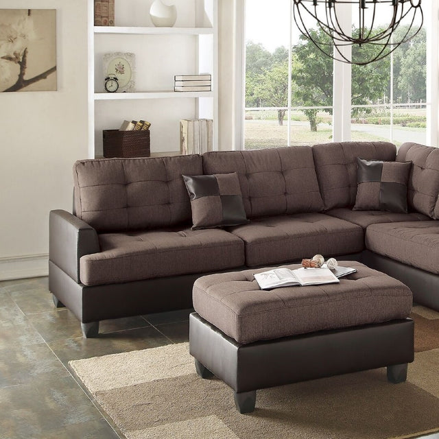 Sectional Sofa Chocolate Polyfiber Cushion Tufted Reversible 3pc Sectional Sofa, Chaise  Ottoman Living Room Furniture