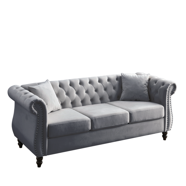 [Video] 80" Chesterfield Sofa Grey Velvet for Living Room, 3 Seater Sofa Tufted Couch with Rolled Arms and Nailhead for Living Room, Bedroom, Office, Apartment, two pillows