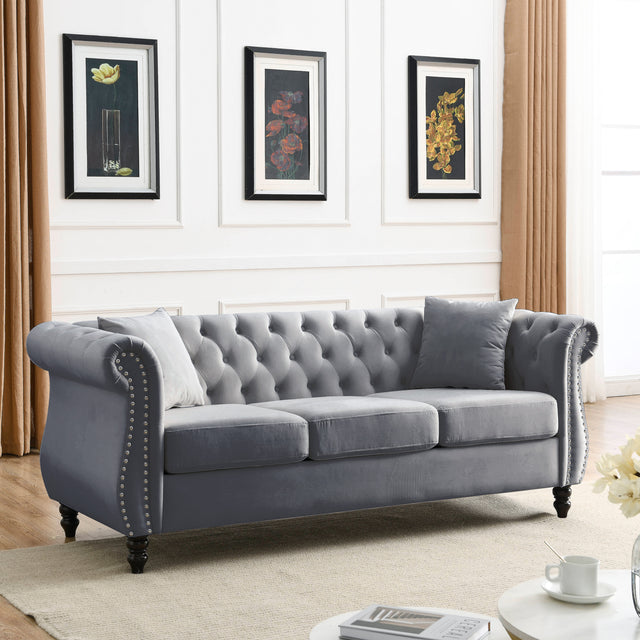 [Video] 80" Chesterfield Sofa Grey Velvet for Living Room, 3 Seater Sofa Tufted Couch with Rolled Arms and Nailhead for Living Room, Bedroom, Office, Apartment, two pillows