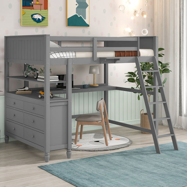 Full size Loft Bed with Drawers and Desk, Wooden Loft Bed with Shelves - Gray(OLD SKU:LT000529AAE)