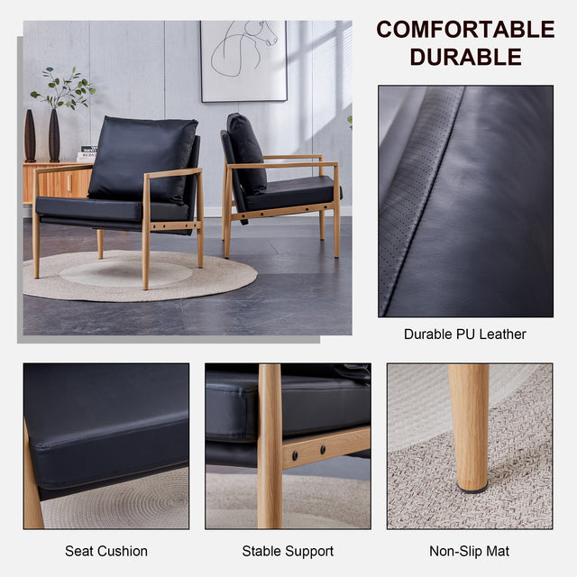 Sofa Chair.Black PU Leather Accent Arm Chair Mid Century Modern Upholstered Armchair with Imitation solid wood color Metal Frame Padded Backrest and Seat Cushion Sofa Chairs for Living Room