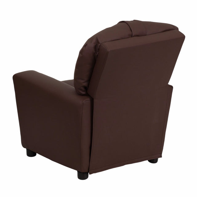 Contemporary Brown Leather Kids Recliner with Cup Holder