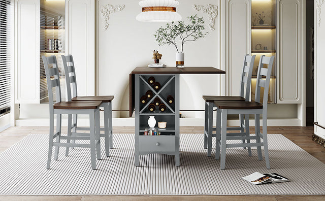 TOPMAX Farmhouse Wood Counter Height 5-Piece Dining Table Set with Drop Leaf, Kitchen Set with Wine Rack and Drawers for Small Places,  Cherry+Gray