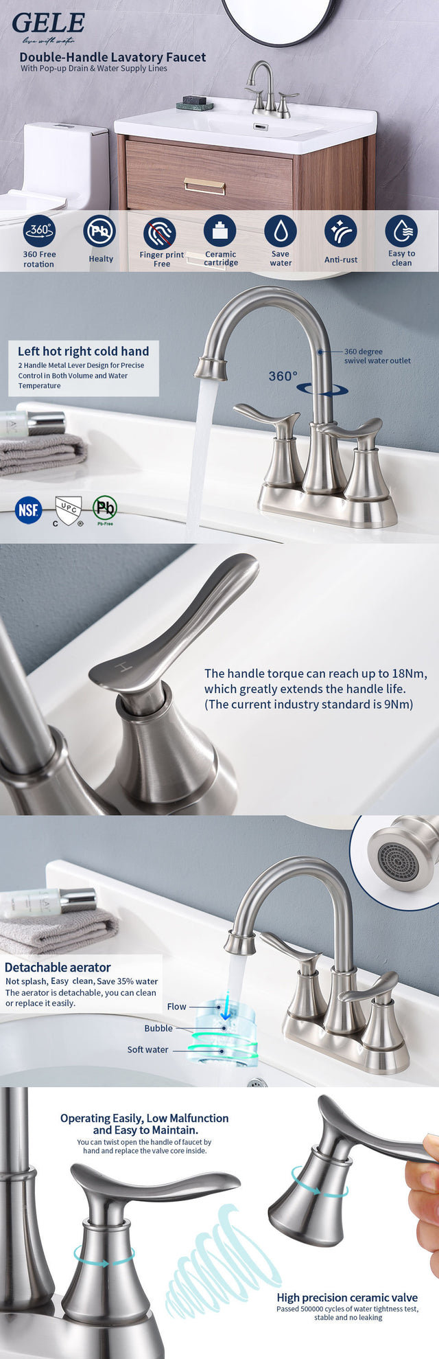 2-Handle 4-Inch Brushed Nickel Bathroom Faucet, Bathroom Vanity Sink Faucets with Pop-up Drain and Supply Hoses