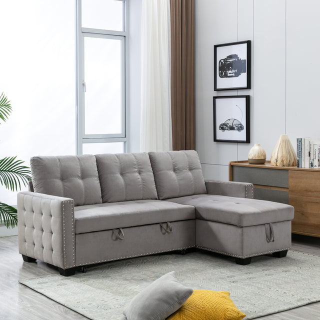 77 Inch Reversible Sectional Storage Sleeper Sofa Bed , L-Shape 2 Seat Sectional Chaise With Storage , Skin-Feeling Velvet Fabric ,Light Grey Color For Living Room Furniture