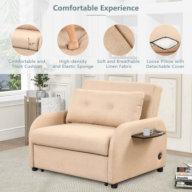 pull out sofa sleeper 3 in 1 with 2 wing table and usb charge for nap line fabric for living room recreation room Beige