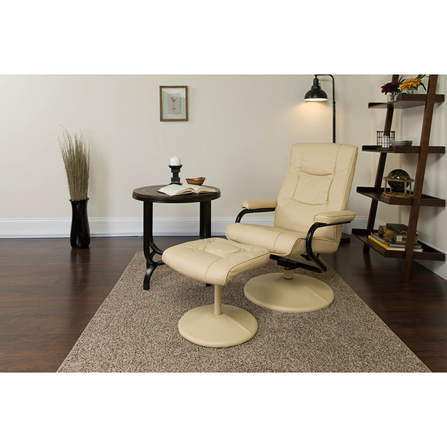 Contemporary Cream Leather Recliner and Ottoman with Leather Wrapped Base