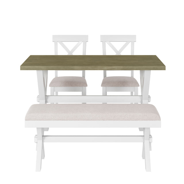 TOPMAX 4 Pieces Farmhouse Rustic Wood Kitchen Dining Table Set with Upholstered 2 X-back Chairs and Bench,Gray Green+White+Beige