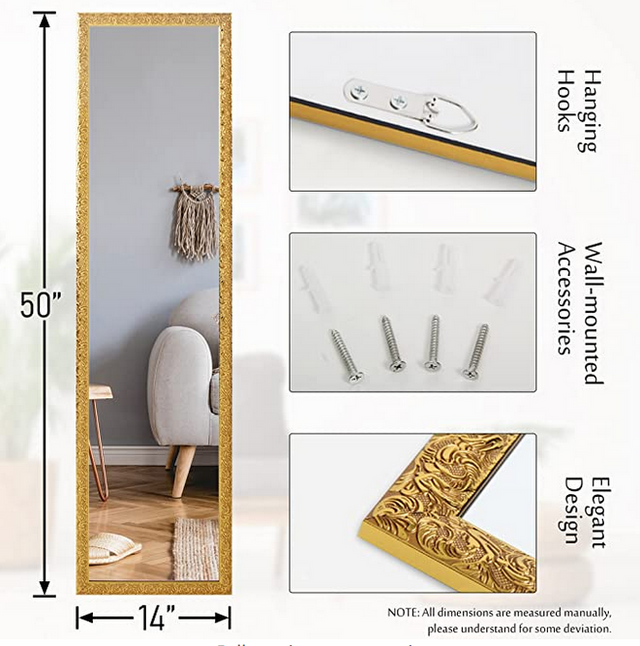 Full Length Mirror Door Mirror Full Body Dressing Mirror Wall Mounted Hanging for Dorm Home, 50"x 14", Gold
