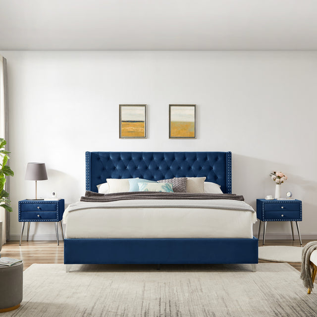 B100S King bed with one nightstand, Button designed Headboard,strong wooden slats + metal legs with Electroplate