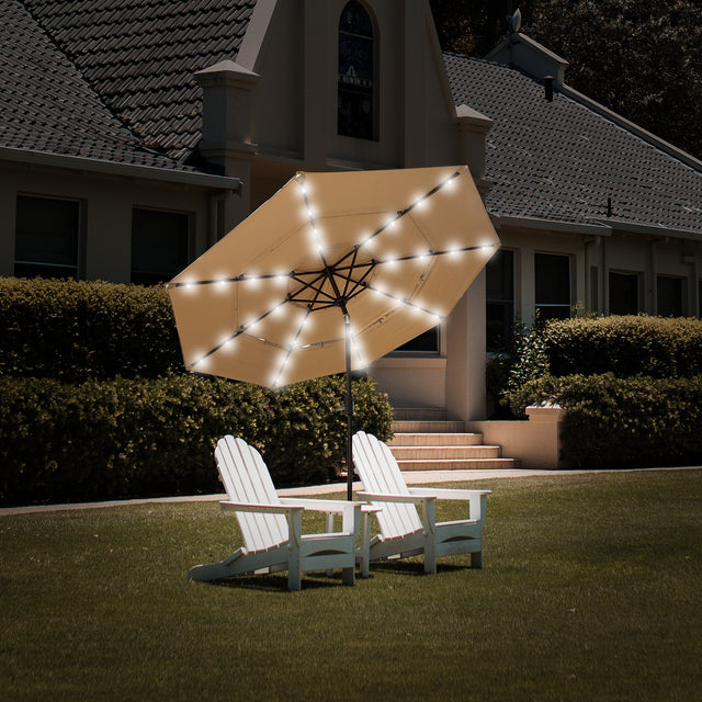 3 Tiers And 8 Ribs Outdoor Umbrella With 32 LED Lights,Patio Table Umbrella with Push Button Tilt And Crank,Beige