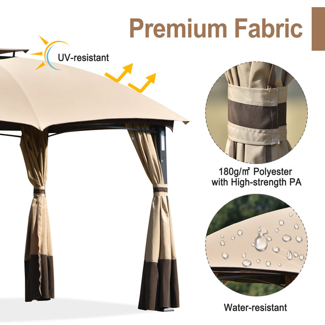 TOPMAX 10ft W*12ft L Outdoor Double Vents Gazebo Patio Metal Canopy with Screen and LED Lights for Backyard, Poolside, Brown