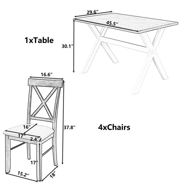 TOPMAX 5 Pieces Farmhouse Rustic Wood Kitchen Dining Table Set with Upholstered 4 X-back Chairs, Gray Green+White+Beige
