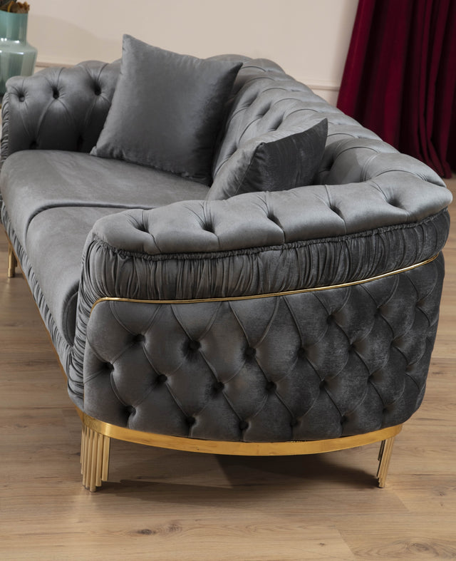 Vanessa Loveseat Livingroom Set in Grey and Gold with Fabric button-tufted velvet upholstery Finish