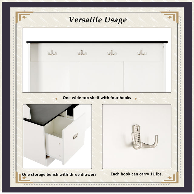 ON-TREND Two-tone Hall Tree with 4 Hooks and 3 Large Drawers, Coat Hanger, Entryway Bench, Storage Bench, 3-in-1 Design, for Entrance, Hallway (White)