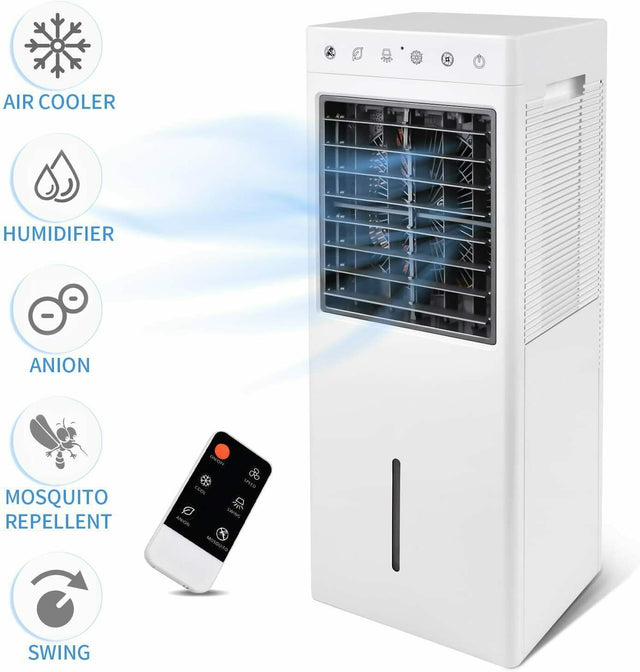 Simple Deluxe 30\'\' Evaporative Air Cooler Fan with Humidification, Repellent and Anion Function, 2 Gallon Water Tank, 3 Speeds Setting, Remote Control, White