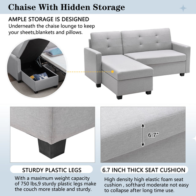 78.3" Convertible Sleeper Sofa Bed,Linen Pull Out Couch with Storage Chaise,Sleeper Counch with Memory Foam Mattress for  Small Space Living Room Bedroom Office,Light Gray