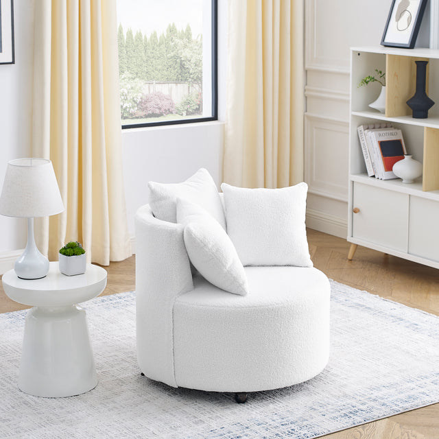 Teddy Fabric Swivel Accent Backchair Upholstered Luxury Lounge Chair for Living Room Bedroom, with Movable Wheels, Including 3 Pillows,White