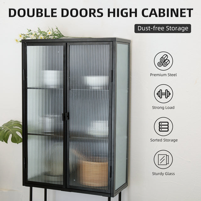 Retro Style Fluted Glass High Cabinet Storage Dual Doors Three Detachable Wide Shelves Enclosed Dust-free Storage for Living Room Bathroom Dining Room Kitchen Room Entryway,BLACK (OLD SKU:W68734128)