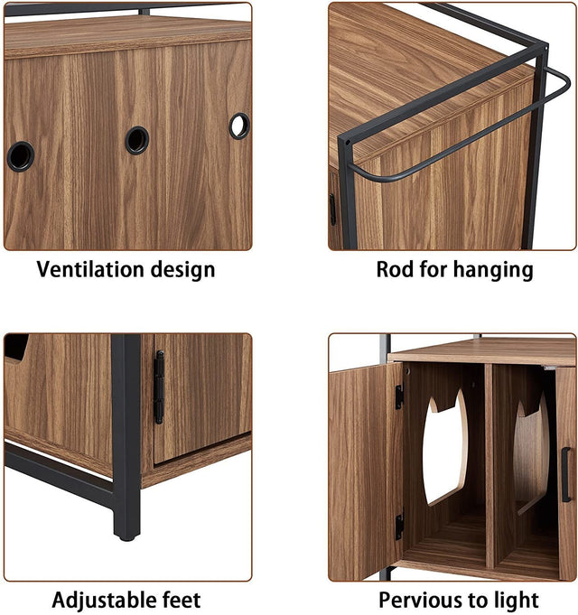 Hidden Cat Litter Box Furniture with Ventilation and Bench Seat, Pet Crate with Iron and Wood Sturdy Structure