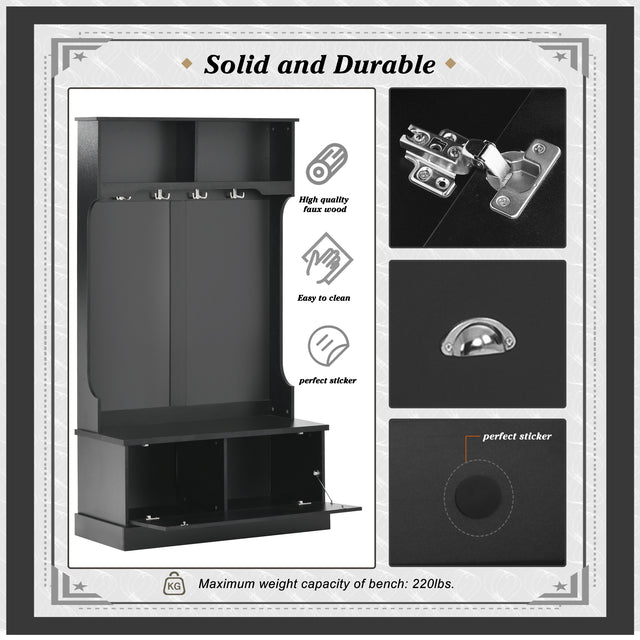 ON-TREND Hall Tree with 4 Hooks, Coat Hanger, Entryway Bench, Storage Bench, 3-in-1 Design, for Livingroom, Hallway (BLACK)