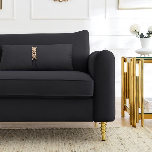 80.3" Modern Sofa Couch Upholstered Sofa Tufted Back Comfy Velvet Long Couch with 2 Pillows and Golden Legs for Living Room, Bedroom, Office, Apartment, Black