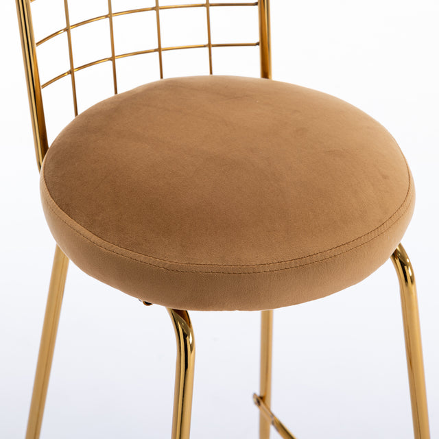 Bar Stool Set of 2, Luxury Velvet  High Bar Stool with Metal Legs and Soft Back, Pub Stool Chairs Armless Modern Kitchen High Dining Chairs with Metal Legs, Camel