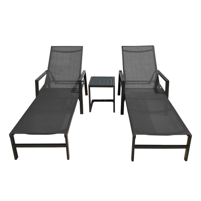 Outdoor 3-Pcs Set Chaise Lounge Chairs With Table,Five-Position Adjustable Aluminum Recliners Set,All Weather For Patio,Beach,Yard, Pool(Grey Frame/Dark Gray Fabric)