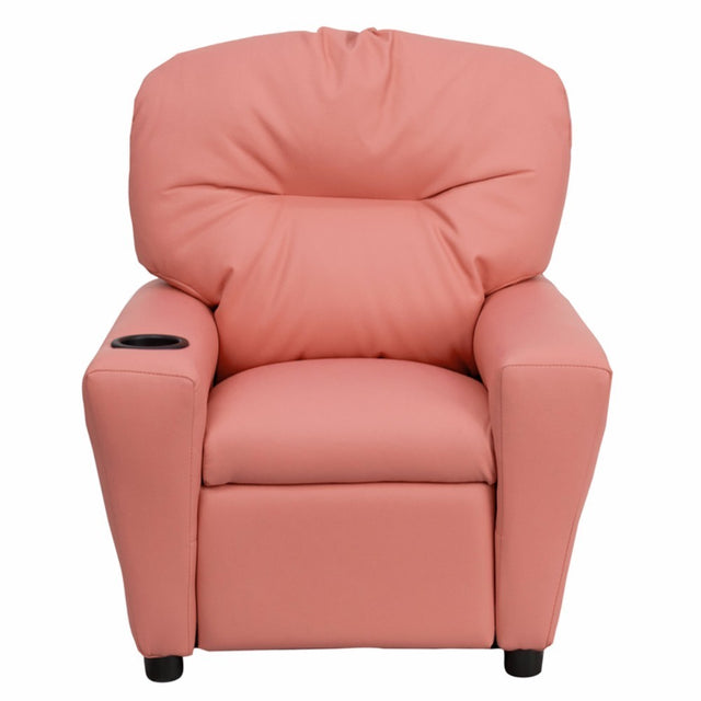 Contemporary Pink Vinyl Kids Recliner with Cup Holder