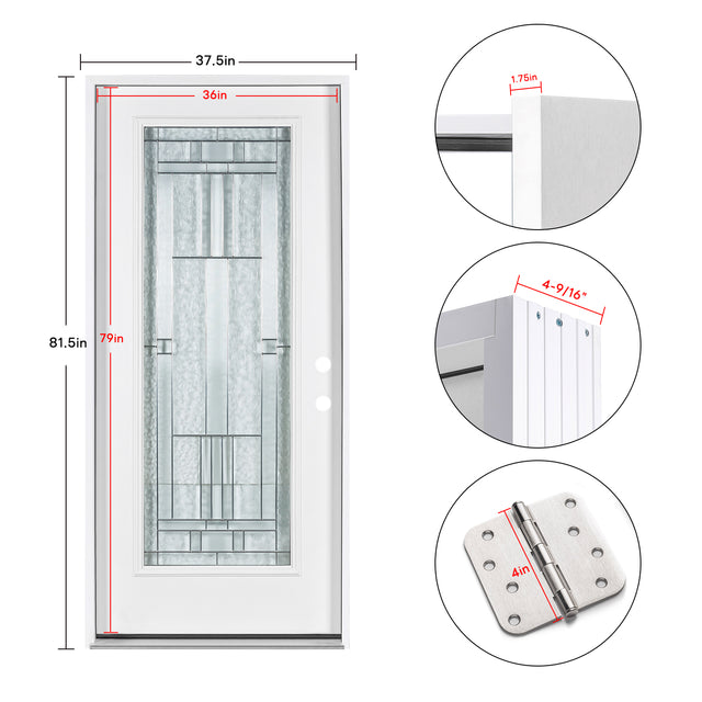 37.5inx81.5in Left Hand Inswing Decorative Glass- Zinc Caming Fiber Glass Prehung Entry Door .