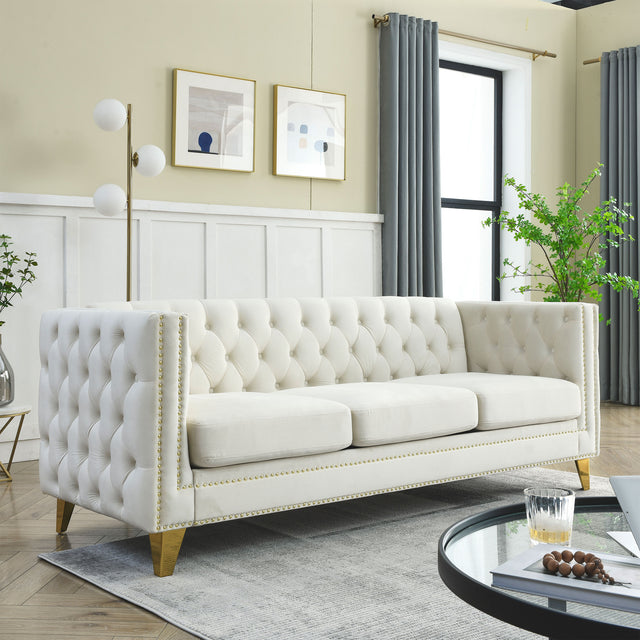 {Contact us for 3D modeling} Velvet Sofa for Living Room,Buttons Tufted Square Arm Couch, Modern Couch Upholstered Button and Metal Legs, Sofa Couch for Bedroom, Beige Velvet