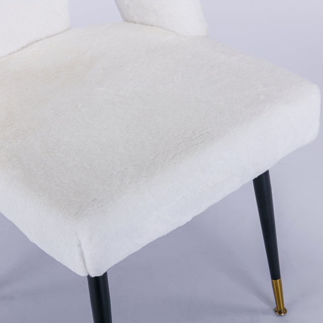 A&A Furniture,Akoya Collection Modern | Contemporary Rabbit Fur Fibre Upholstered Dining Chair with Nailheads and Gold Tipped Black Metal Legs, Cream White，Set of 2