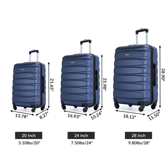 Expandable 3 Piece Luggage Sets ABS Lightweight Suitcase with Two Hooks, Spinner Wheels, TSA Lock, (20/24/28) Blue