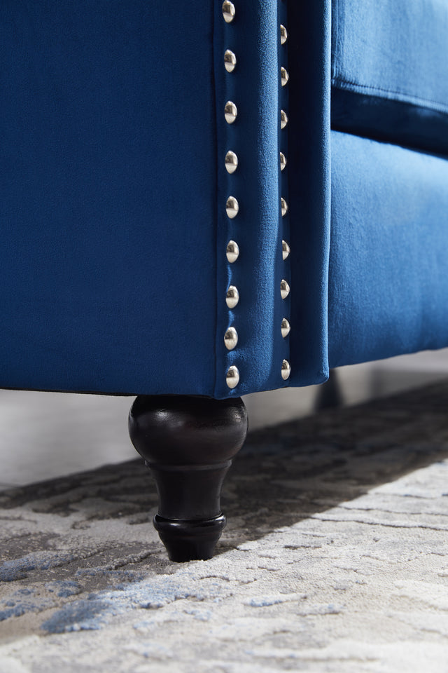 Sofa chair, with button and copper nail on arms and back, one white villose pillow, velvet Blue (38"x34.5"x30")