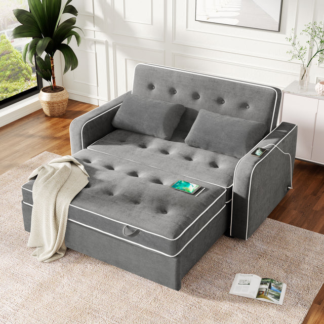 65.7" Linen Upholstered Sleeper , Pull Out Sofa Couch attached two throw pillows,Dual USB Charging Port and Adjustable Backrest for Living Room Space，Charcoal Gray