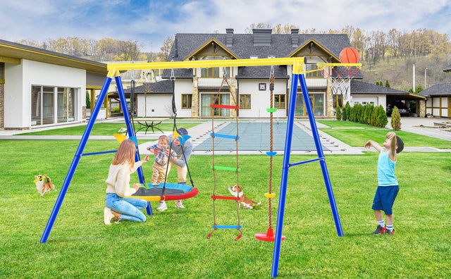 4 in 1 Outdoor Toddler Saucer Swing Set for Backyard, Playground Tree Swing Sets with Steel Frames, Climbing Rope with Disc Tree Swing Playset and Basketball Hoop for Kids