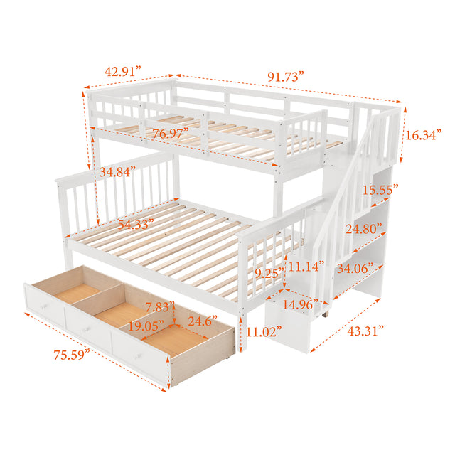 Stairway Twin-Over-Full Bunk Bed with Drawer, Storage and Guard Rail for Bedroom, Dorm, for Adults, White color(OLD SKU :LP000219AAK)