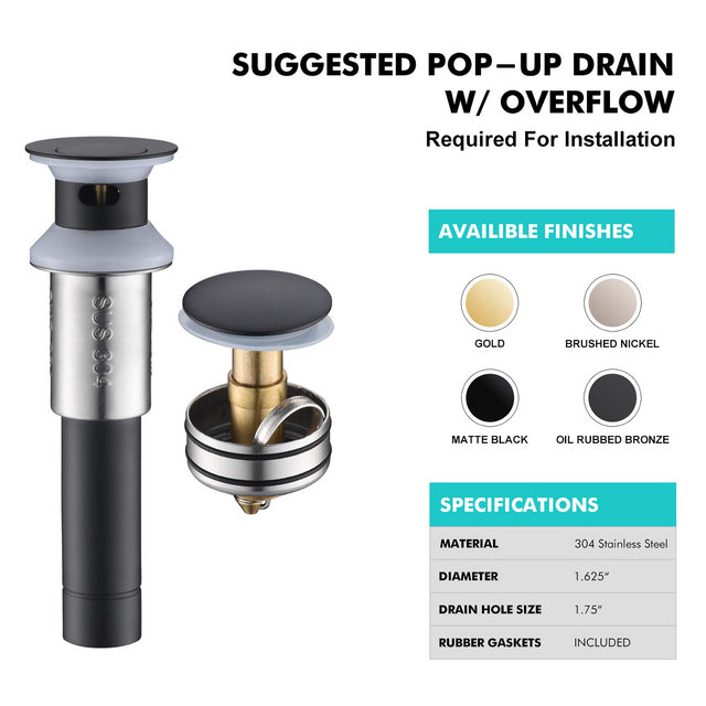 Sink Drain Stopper Bathroom 1.75 In, Pop-Up Drain Stainless Steel With Overflow Anti-Clogging for Vessel Sink Lavatory Vanity Sink Drain with Strainer Basket, Matte Black