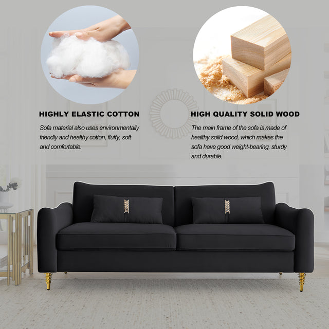 80.3" Modern Sofa Couch Upholstered Sofa Tufted Back Comfy Velvet Long Couch with 2 Pillows and Golden Legs for Living Room, Bedroom, Office, Apartment, Black