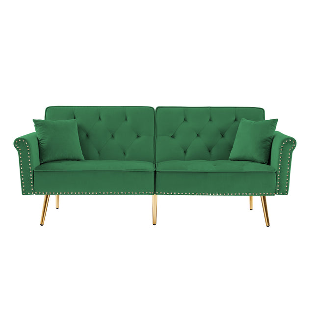 Modern Velvet Tufted Sofa Couch with 2 Pillows and Nailhead Trim, Loveseat Sofa Futon Sofa Bed with Metal Legs  for Living Room.