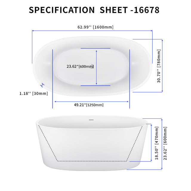 63" 100% Acrylic Freestanding Bathtub，Contemporary Soaking Tub，white Bathtub