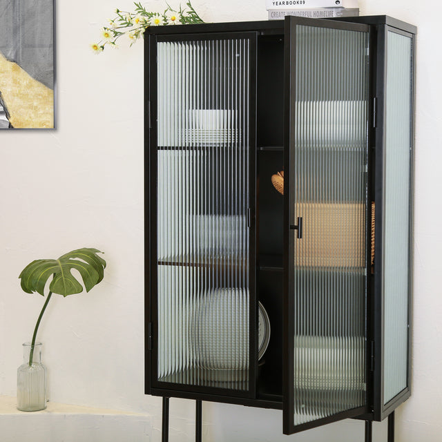 Retro Style Fluted Glass High Cabinet Storage Dual Doors Three Detachable Wide Shelves Enclosed Dust-free Storage for Living Room Bathroom Dining Room Kitchen Room Entryway,BLACK (OLD SKU:W68734128)