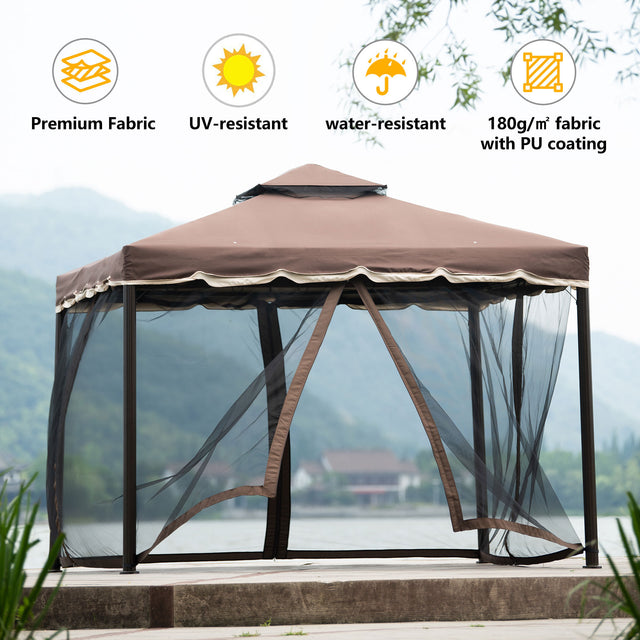 TOPMAX 9.8Ft. Wx9.8Ft.L Outdoor Iron Vented Dome Top Patio Gazebo with Netting for Backyard, Poolside and Deck, Brown