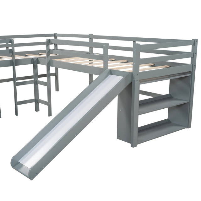 Twin Size L-Shaped Loft Bed with Movable Two-Tier Shelves and Slide,Gray