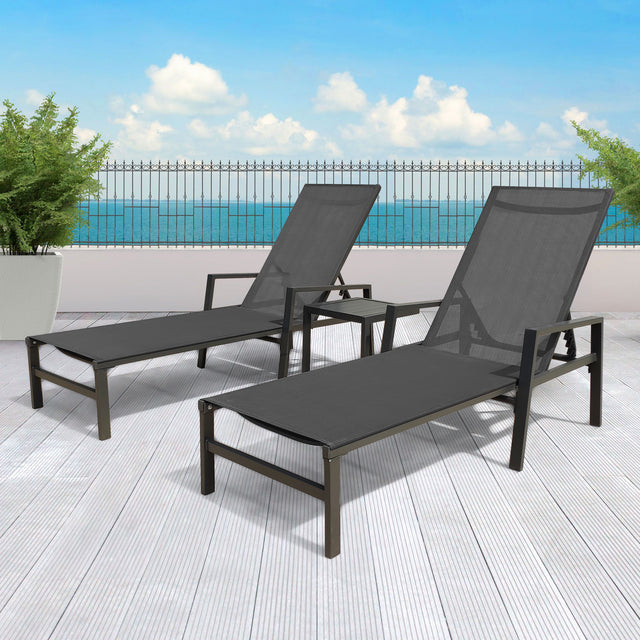 Outdoor 3-Pcs Set Chaise Lounge Chairs With Table,Five-Position Adjustable Aluminum Recliners Set,All Weather For Patio,Beach,Yard, Pool(Grey Frame/Dark Gray Fabric)