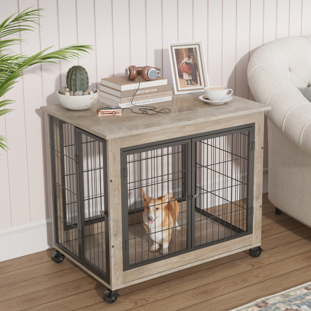 Furniture Style Dog Crate Side Table on Wheels with Double Doors and Lift Top. （Grey,31.50’’W*22.05’’D*25’’H）