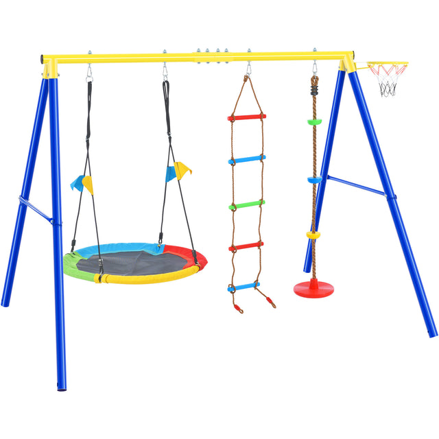 4 in 1 Outdoor Toddler Saucer Swing Set for Backyard, Playground Tree Swing Sets with Steel Frames, Climbing Rope with Disc Tree Swing Playset and Basketball Hoop for Kids